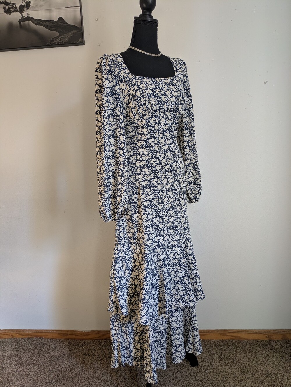 SHEIN Navy Blue & White Floral Print Midi Dress with Ruffle Hem - Size XS